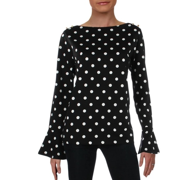 Lauren Ralph Lauren Tops - Lauren Ralph Lauren Stretch Top Black White Polka Dot Ruffle Cuff Plus Size 3X